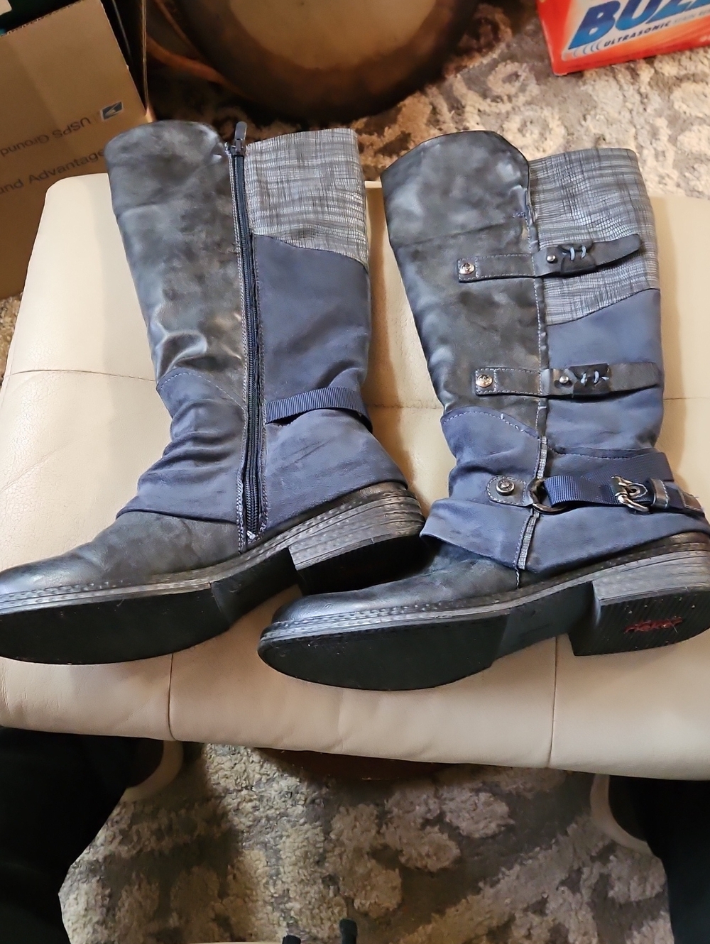 Rieker Franka 84 Grey Blue Buckle Knee-High Boots Size 40 / US 9